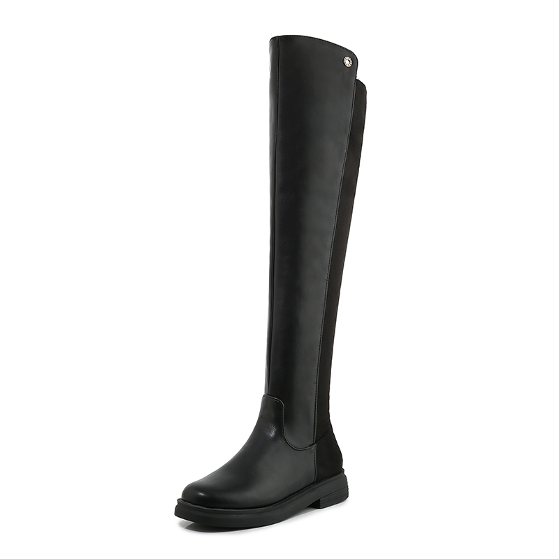

PU Stitching Flock Low-Heeled Over-The-Knee Boots Thick-Heeled Round Toe Plush Inner Side Zipper Winter Boots, Pu autumn