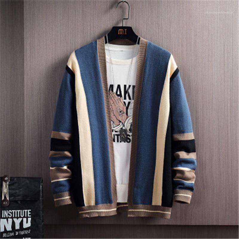 

Stripes Coats Fashion Trend Cardigan Long Sleeve Plus Size Casual Outerwear Designer Male Sweater Knitwear Jacket Man Color Matching, Black