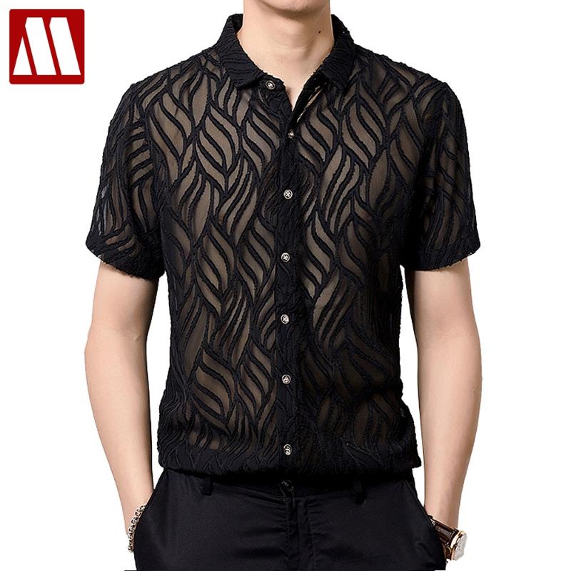 

Transparent Shirts For Male See Through Shirts Hollow Mesh Black Large Size Men's Lace Plus Size Sexy Striped Dress Shirt, Style1-black