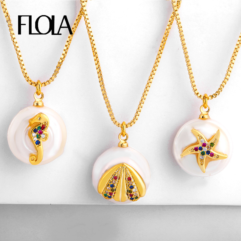 

FLOLA Shell Pearl Pendant Necklaces For Women CZ Crystal Shell Starfish Necklaces Seahorse Zircon Beach Bohemian Jewelry nkep67