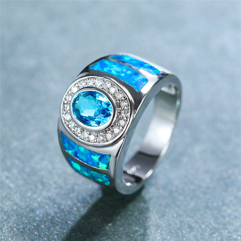 

Luxury Female Aqua Blue Opal Stone Ring Vintage Silver Color Wedding Rings For Women Simple Oval Big Engagement Ring