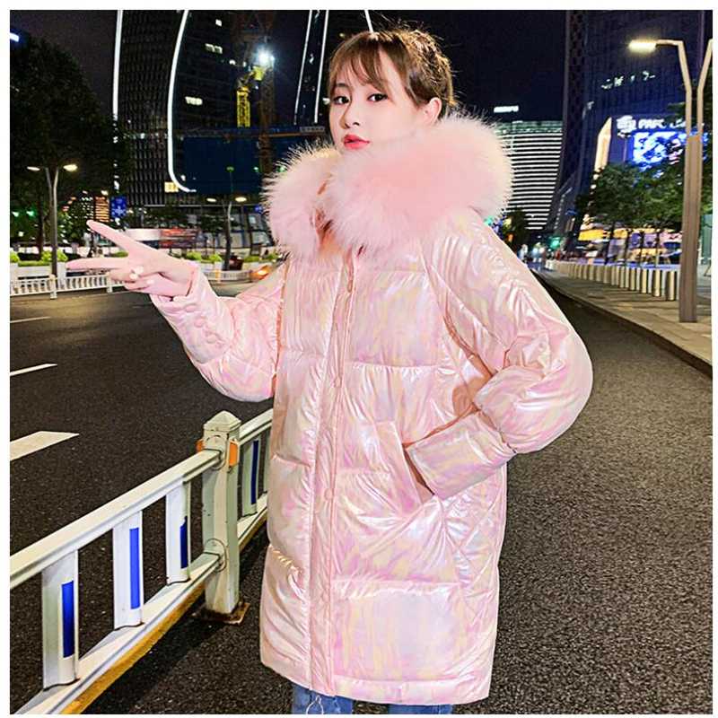 

2020 Korean Style Loose Women's Winter Jacket long Style hooded Thick Female Cold Coat Oversized Solid Shiny Glossy Parkas R745, Pink