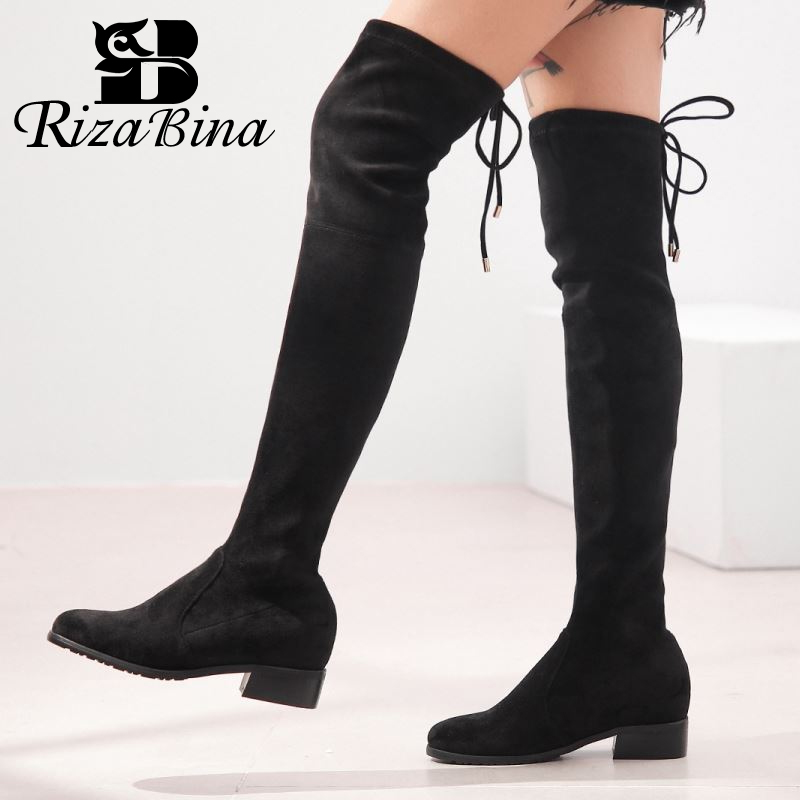

RIZABINA Women Over Knee Boots Lace Up Square Heel Women Stretch Boots Fashion Winter Warm Shoes Footwear Size 34-42, Black heel 3cm