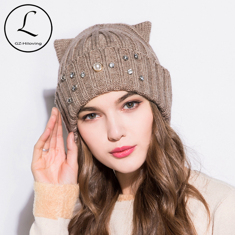 

GZHILOVINGL New Warm Woman Girls Winter Beanies Knitted Hat With Cat Ears Pearls Hats Wool Hip Hop Beanies For Ladies Bonnet Cap, White