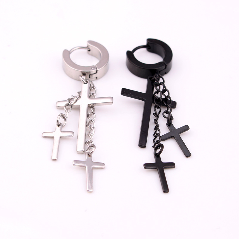 

Fashion Women Men Cross Pendientes Silver Color Black Stainless Steel Jesus Cross Charm Hoop Huggie Ear Clip Earrings Jewelry