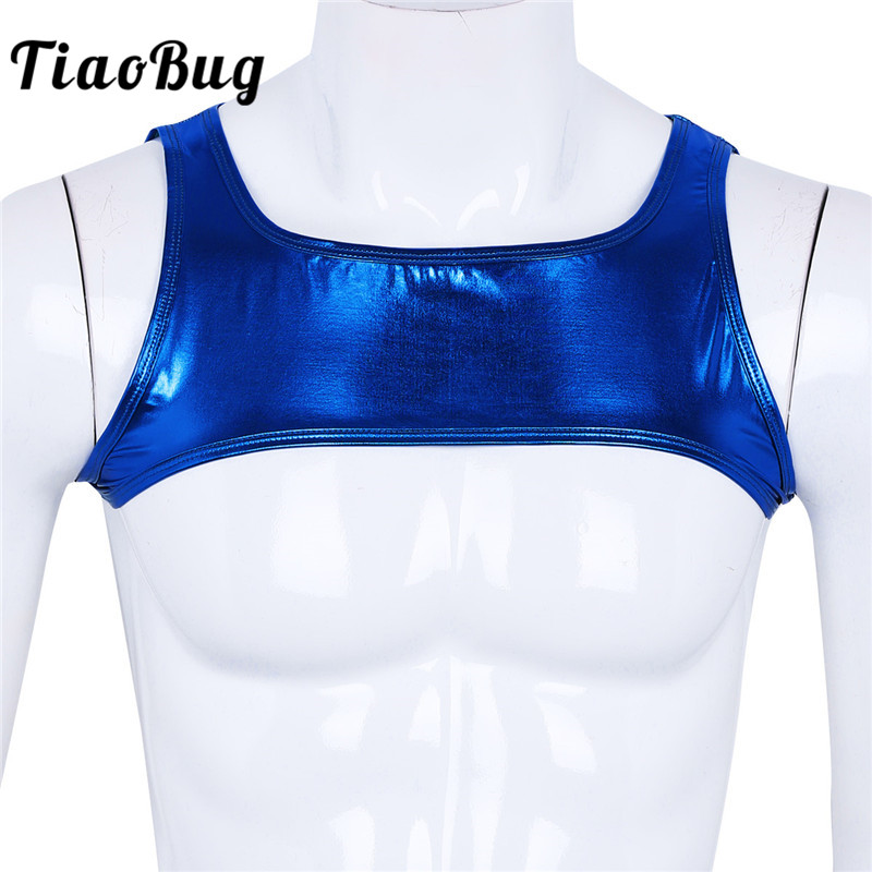 

TiaoBug Fashion Shiny Metallic Sleeveless Shoulder Chest Straps Harness Muscle Club Party Stage Dance Costume Men Sexy Crop Tops, Green