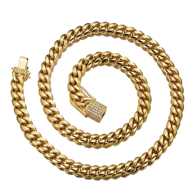 

8/10/12/14/16/18MM Wide Fashion 316L Stainless Steel Gold Crystal Curb Cuban Maimi Link Chain Mens Necklace & Bracelet Gift