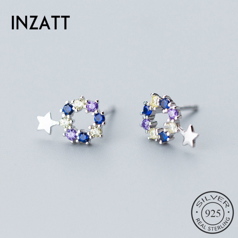 

INZA Hot Sale Real 925 Sterling Silver Zircon Hollow Round Star Stud Earrings Prevent Allergy For Women Fine Jewelry Gift