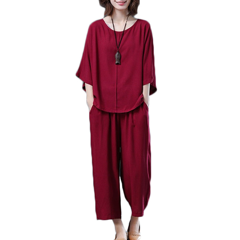 

Plus size Women Suit Summer short-sleeved shirt + Wide leg pants two-piece Suits Women's Cotton linen Casual fashion Sets F007, Navy