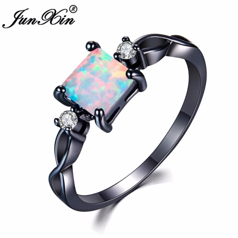 

JUNXIN Fashion Blue/White Oval Fire Opal Ring Black Gold Filled Jewelry Vintage Wedding Rings For Women Christmas Gifts