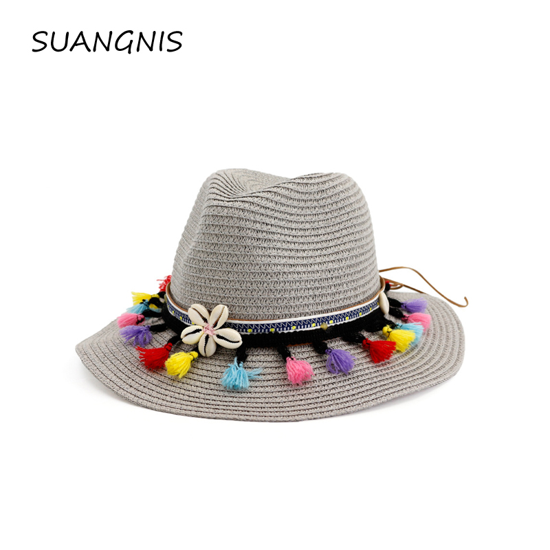 

New Summer Wide Large Brim Straw Hats for Women Beach Sun Hats Colorful Tassels Contrast Color Jazz Sun Cap Chapeau, Khaki