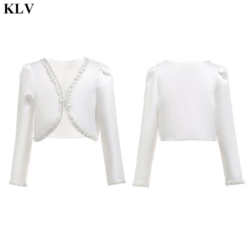 

Little Girls Bolero Long Sleeve Shrug Handmade Beading Imitation Pearl Wedding Short Jacket Ruffle Patchwork Trim Short Cardigan, As pic