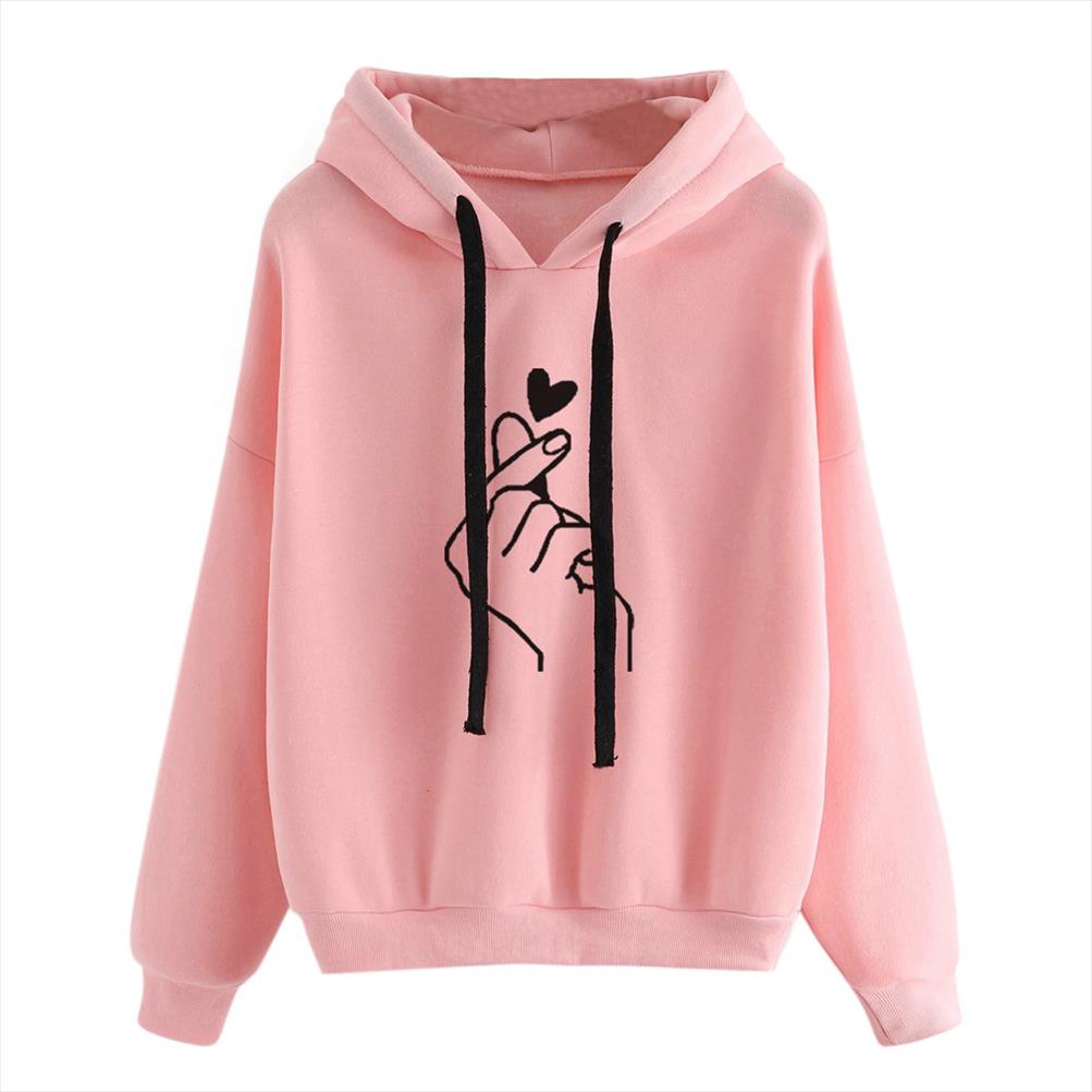 Harajuku Sweatshirt Femme Sweatshirts Sweats à Sweats Sweats Mesdames Oversize Coréen Design Pink Love Coeur Doigt Casual Pour Femmes Filles W