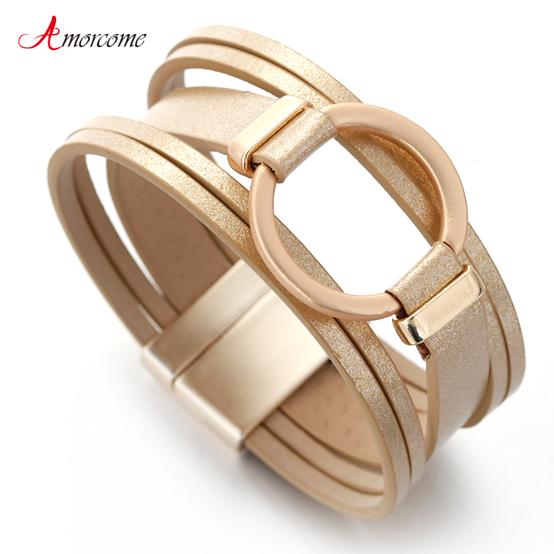 

Amorcome Leather Bracelet for Women Crystal Circle Charm Wrap Bracelets & Bangles Boho Multilayer Wide Bracelet Female Jewelry