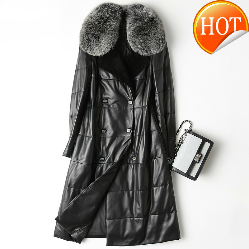 

Winter Genuine 2020 Leather Jacket Women Sheepskin Coat Wool Fur Collar Long Women's White Duck Down Jackets M381C KJ3387, Black