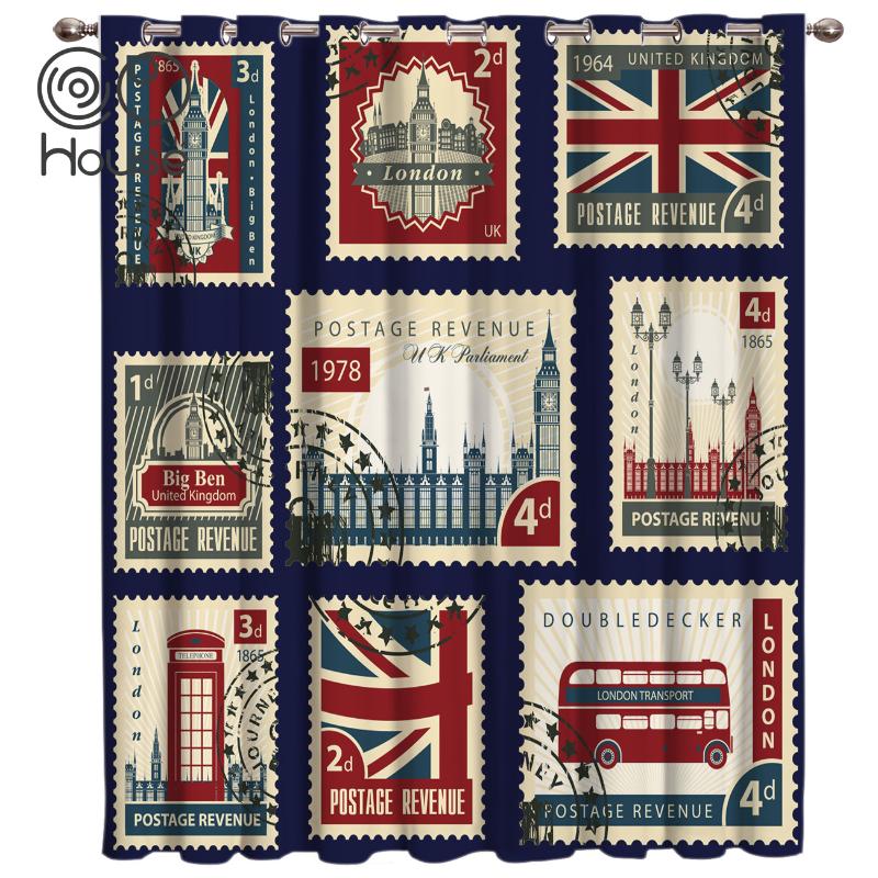 

Vintage London Stamp Window Treatments Curtains Valance Bathroom Outdoor Kitchen Kids Window Treatment Sets Party, As pic