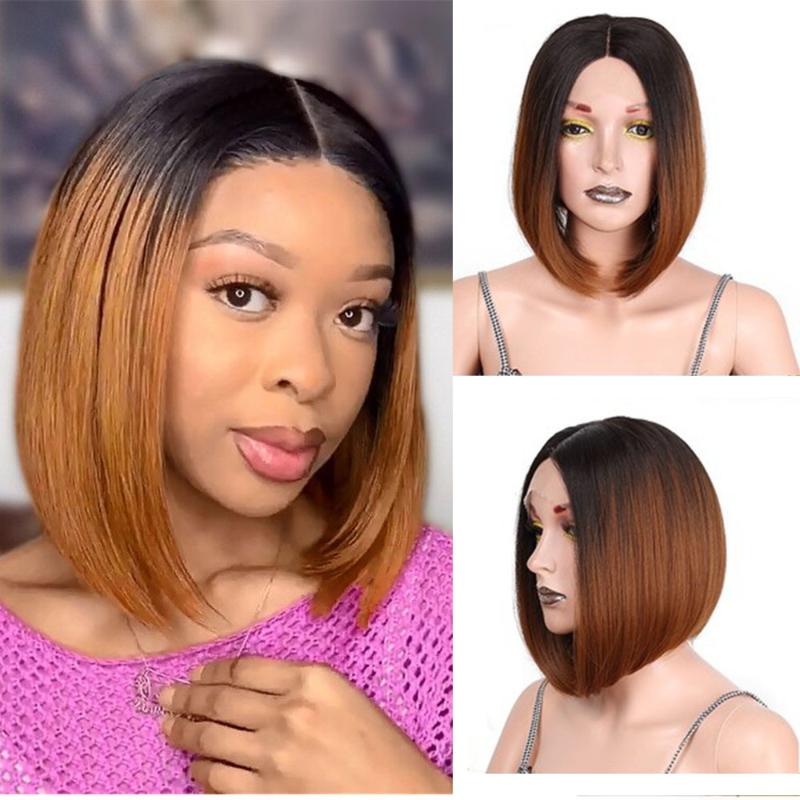 

Short Bob Lace Front Wig Maxine Hair Brown Ombre Human Hair Wig 13x4 Remy 150% Straight Lace Front Human Wigs for Women, As pic