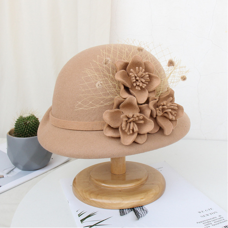 

Solid Hat Women Warm Wool Felt Flower Mesh Flower Hat Ladies Wide Brim Autumn Winter Elegant Girls Fashion Caps, Black