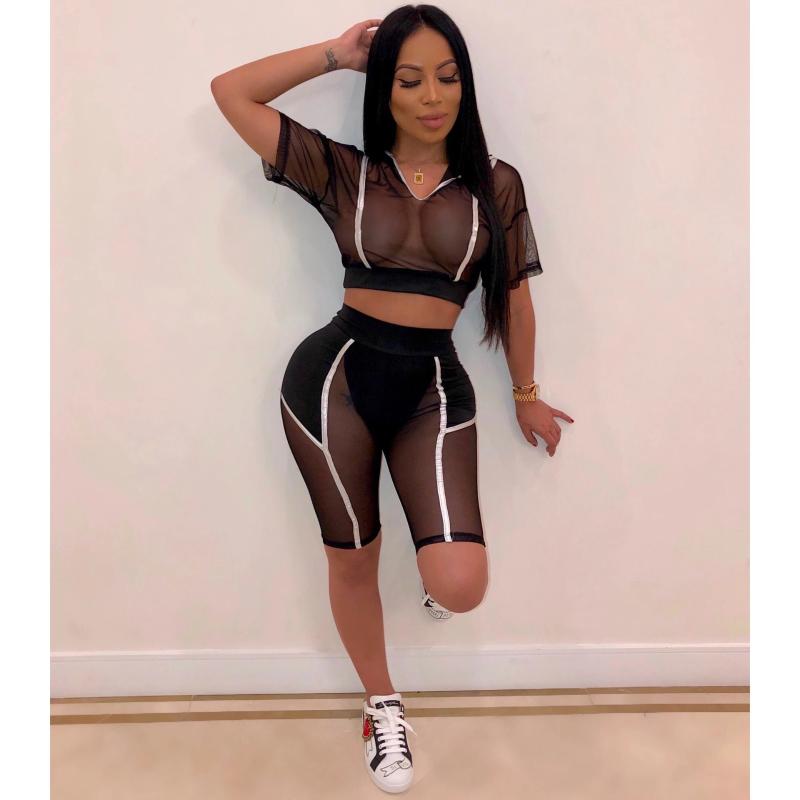 

Sexy See Through Black Mesh Bathing Suit 2Pieces Swimwear Bikini Cover Up Women Patchwork V-Neck Short Sleeve Hooded Swimsuit