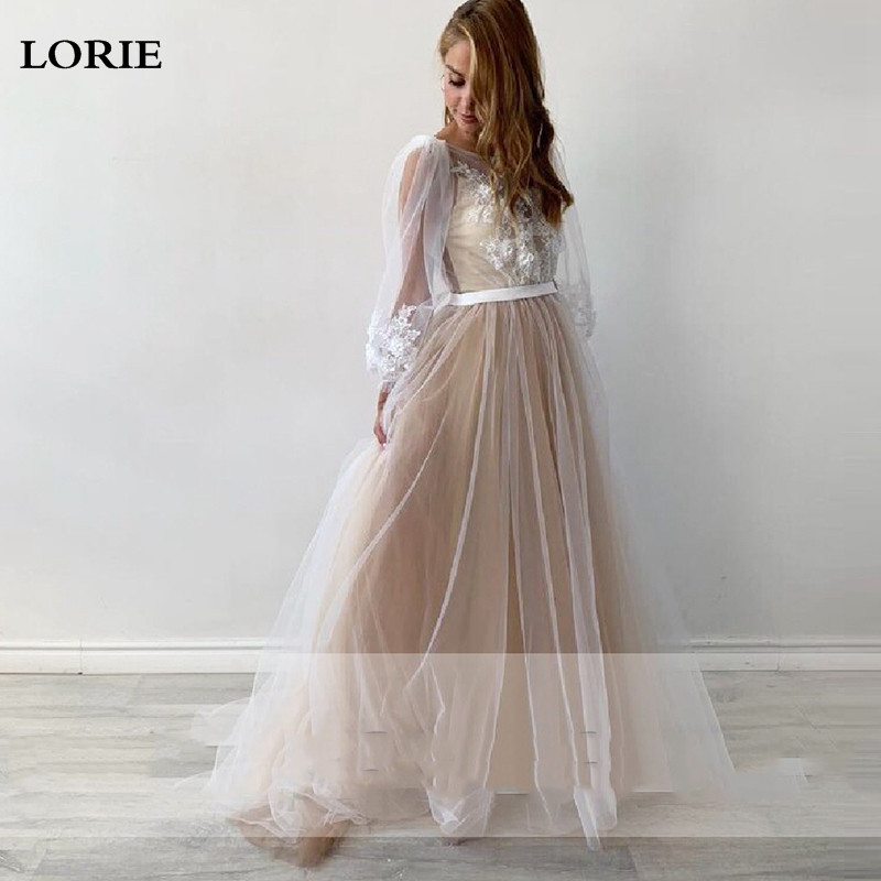 

LORIE Champagne Princess Wedding Dress Puff Sleeve Lace Appliques Bride Dress A-Line Backless Boho Wedding Gown, Custom color