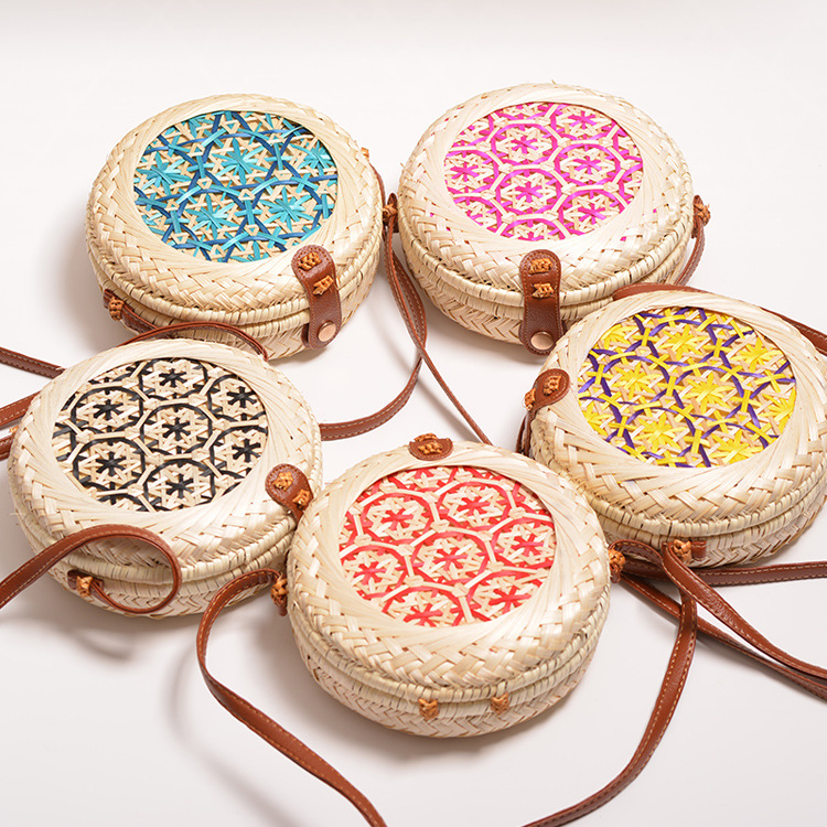 

Special sale rattan weaving ins handmade bamboo weaving flower round 20 * 8pu leather buckle bag, Q430a2