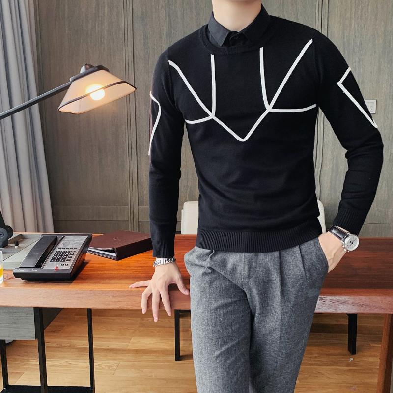 

Fancy Pull Homme Marque Slim Fit Trendy Chic Gebreide Trui Desinger Hight NeckSweater Men Contrast White Tape Sweater Fake 2pcs, Black