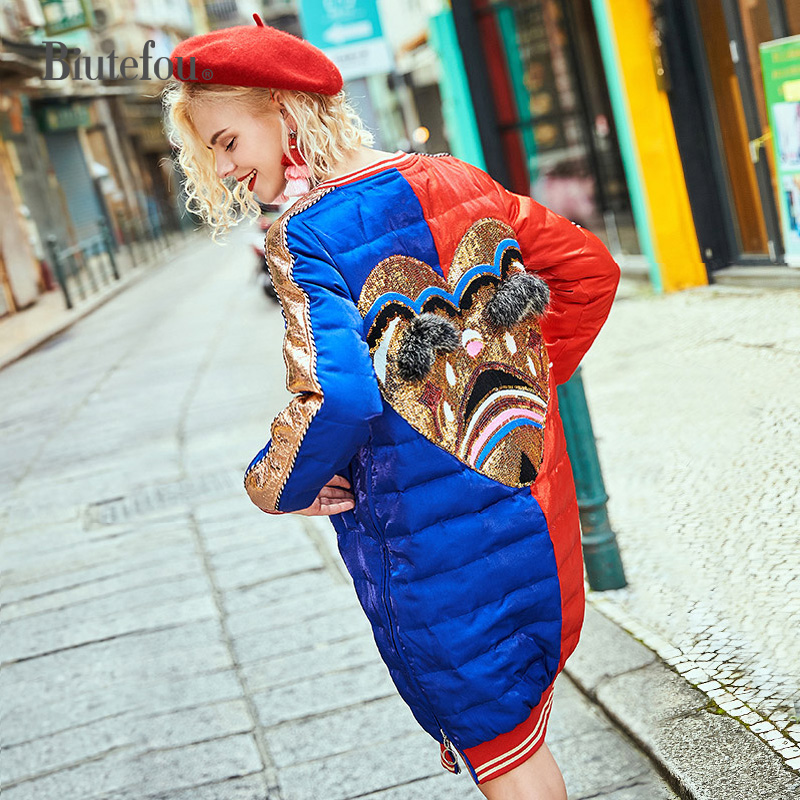 

2020 Winter raccoon fur diamond long coats fashion embroidery sequins patch designs women down jackets, Red and blue