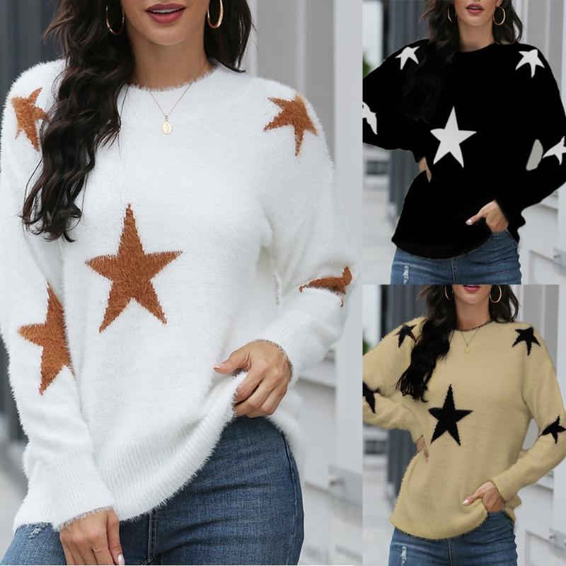 

Womens Fashion Round Neck Long Sleeve Knit Casual Loose Star Print Sweaters Fashion autumn and winter long sleeve sweater, Black