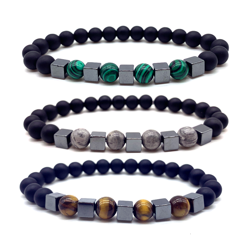 

New Fashion Charm Bracelet Men cube hematite 8mm Natural Stone Beaded 5 types handmade Bracelets Jewelry Male armband heren gift