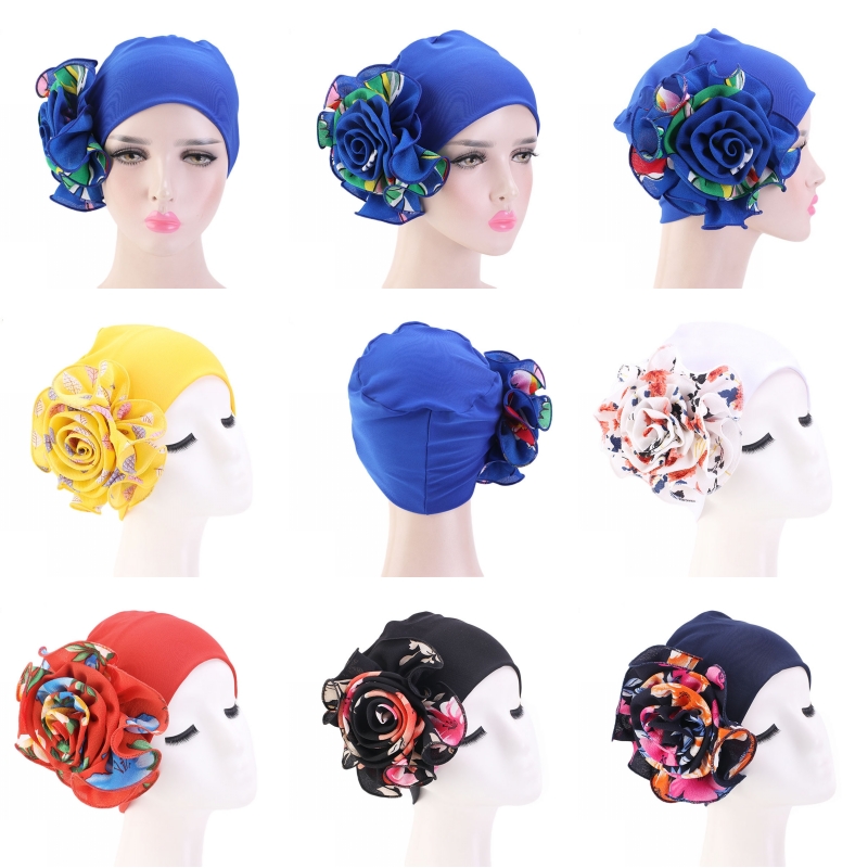 

Temperament Muslim Ladies Baotou Caps Multicolor Flower Headscarves Hats Dubai Holiday Style Caps Ladies Headwear Fashion, Blue;gray