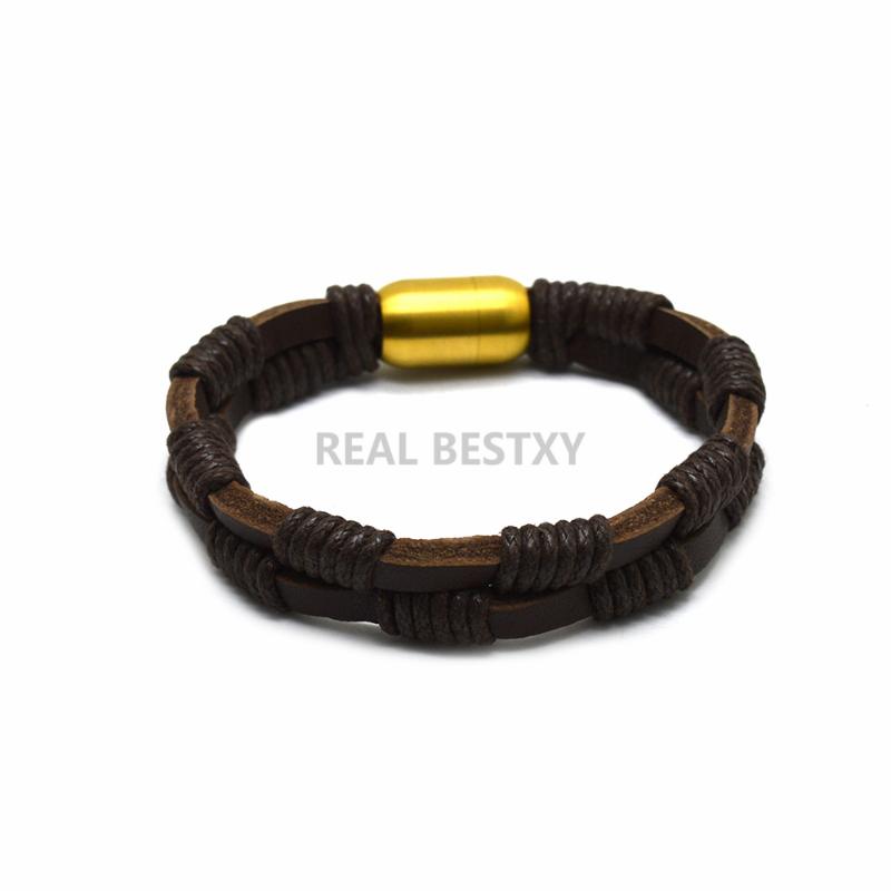 

5pcs/lot Trendy Men Stainless steel Bracelet Magnetic Clasp Braided BrownLeather Bracelets For Men Fashion Jewelry Pulseira