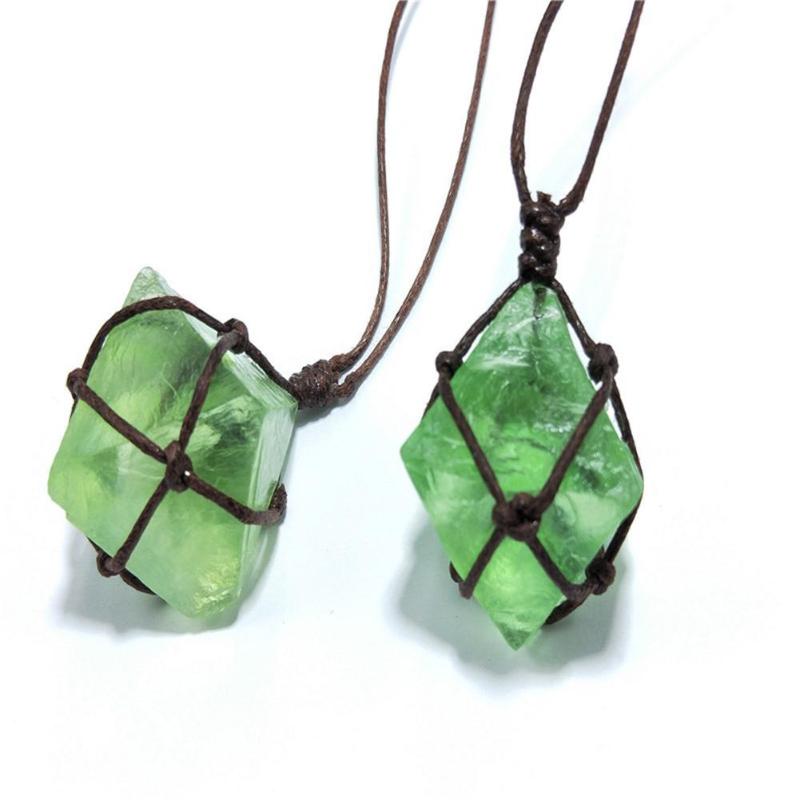 

Women Natural blue-green fluorite Octahedral Faux Fluorite Stone Pendant Woven Rope Necklace Jewelry Gift Accessory