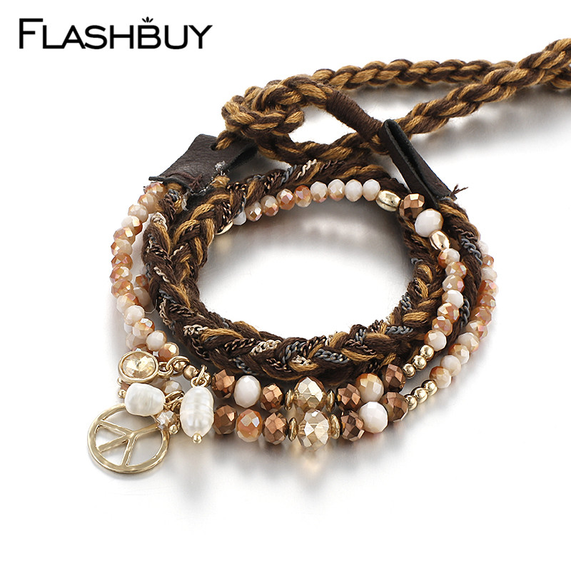 

Flashbuy Peace Metal Charms Mulitilayer Braid Bracelets For Women Crystal Beads Leather Bracelets Fashion Female Bangles Gift
