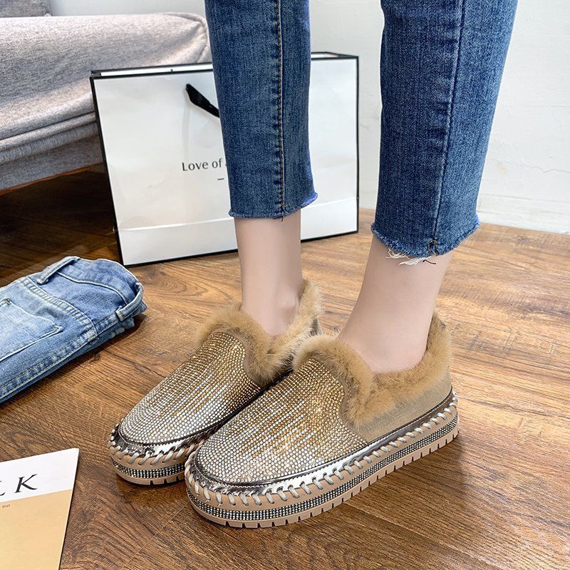 

Sexy rhinestone ladies fur boots female winter platform shoes women ankle boots slip-on shoes girls, Khaki