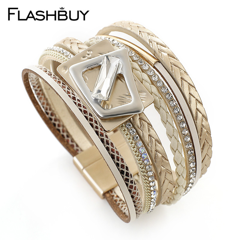 

Flashbuy Square Metal Charms Mulitilayer Leather Bracelets For Women Braid Crystal Trendy Wrap Bracelets Fashion Female Bangles