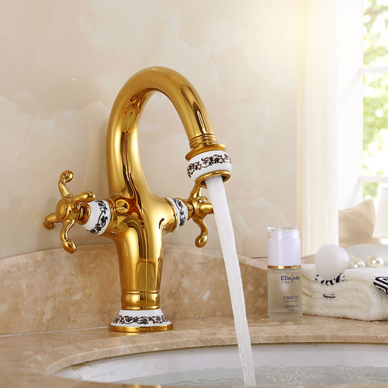 

European style golden faucet hot and cold bathroom washbasin single hole full copper antique blue and white porcelain bathroom