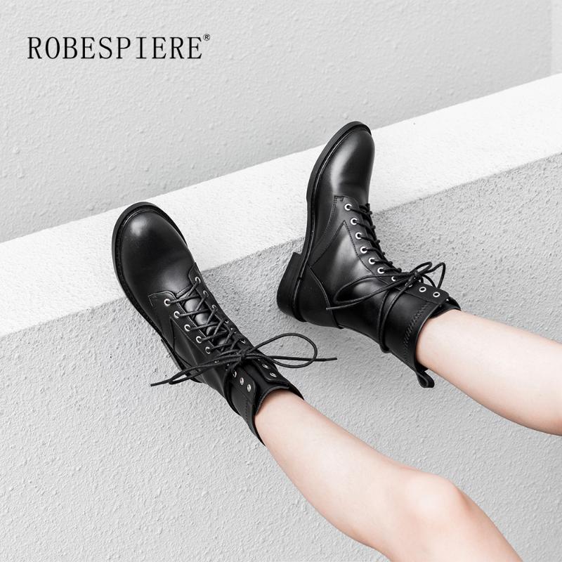 

ROBESPIERE Quality Cow Leather Round Toe Mid Calf Boots Lace Up Black Platform Women Shoes Warm Plush Waterproof Snow Boots B50, Black plush lining