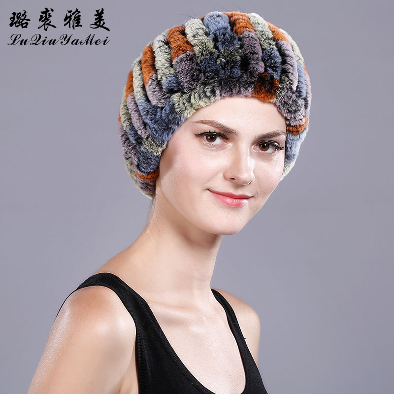 

Real Rex Fur Hats Beanie Women Knitted Winter Striped Scarf Cap Beanies Russian Casual Natural Fur Hats Female, Color 1