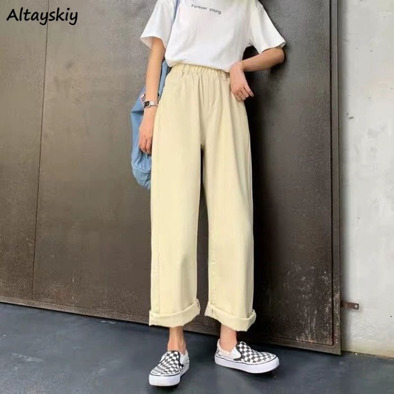 

Pants Women Korean Chic Simple All-matc Classic Casual Loose Teens High Waist Trousers Daily College Elastic Vintage Femme Pant, White