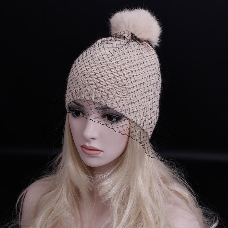 

Elegant style lady restoring ancient ways Gauze covered face hat with real hair ball wool hat Solid color winter knit, Beige