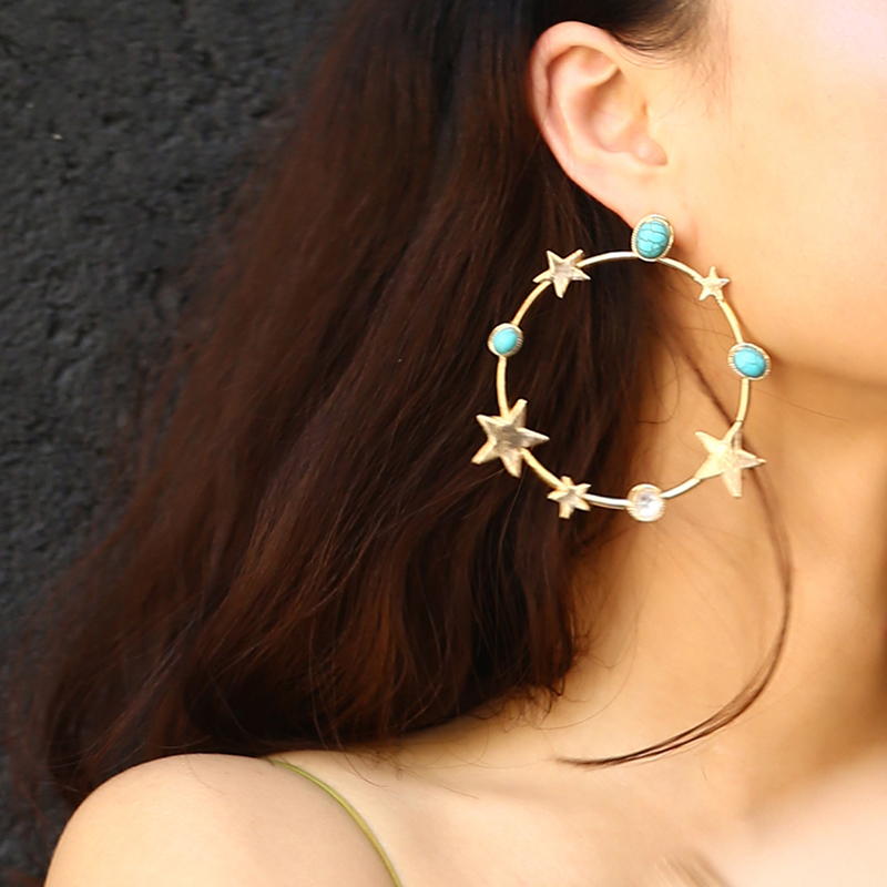 

SRCOI Bohemia Round Green Stone Star Hoop Earrings Gold Silver Color Big Circle Exaggerated Pentagram Earrings Women Trendy Gift