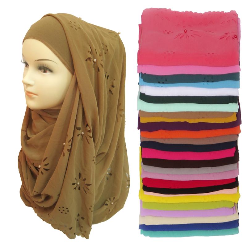 

180*85cm Big Size Bubble Chiffon Floral Laser Cut Pearls Muslim Hijab Head Wrap Scarf Shawl Plain Colours