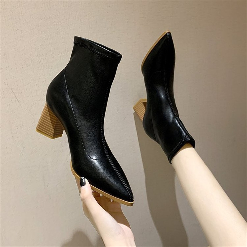 

Women High quality leather boots Autumn Winter Fashion High heel Set foot Wear-resistant non-slip Comfortable Women Ankle boots, Black