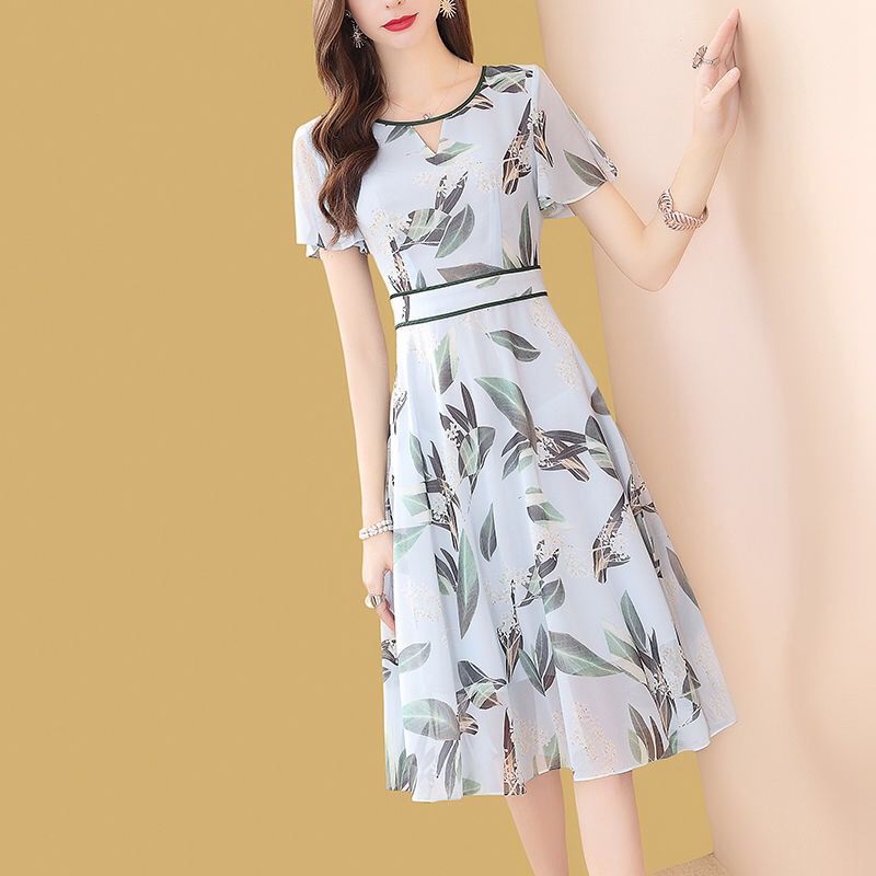 

Korean Printed Chiffon Dress Female Summer High Waist Short Sleeve A-line Dress Elegant Office Work Floral Party Vestido, Huase