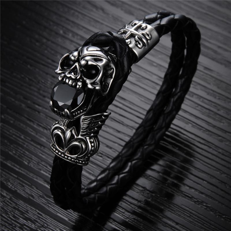 

Top Quality Stainless Steel Genuine Leather CZ Black Color Braided Rope Face Charm Bracelet Trendy Bracelets Jewelry Gift Men