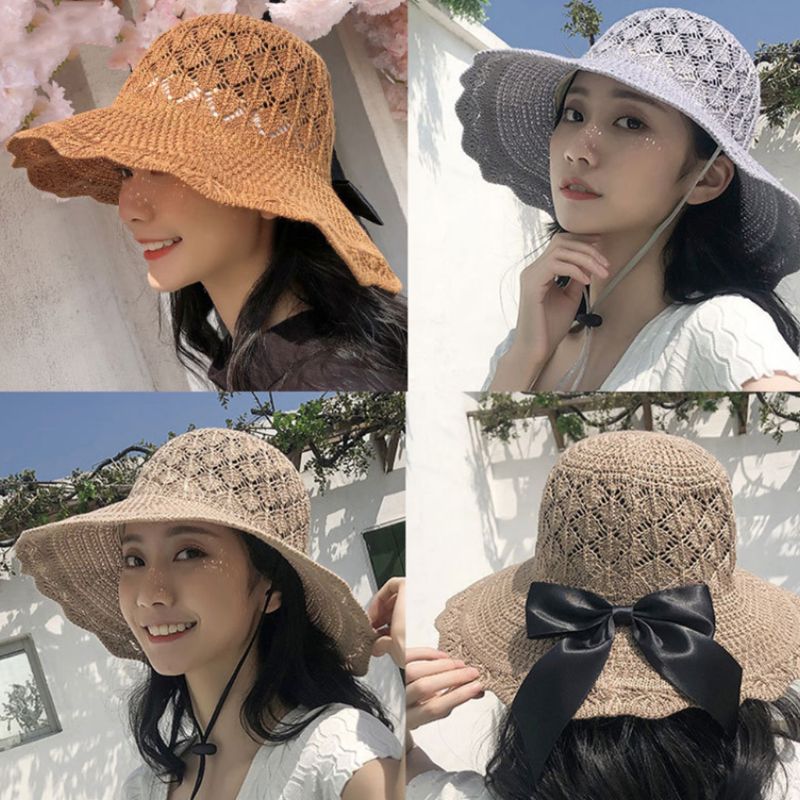 

Women Bohemian Handmade Weave Beach Hat Satin Ribbon Bowknot Foldable Sun Protection Wide Wavy Brim Bucket Cap With Chin Strap, Khaki