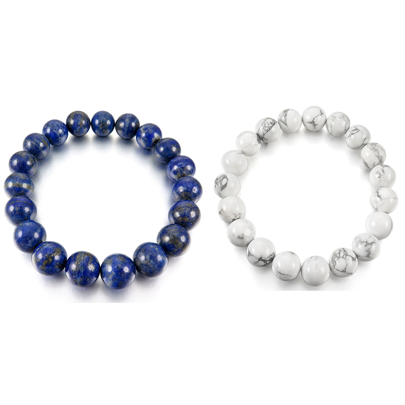 

2 Pcs 12Mm Elastic Energy Bracelet Beads Link Wrist Stone Buddha Men Women - White & Blue
