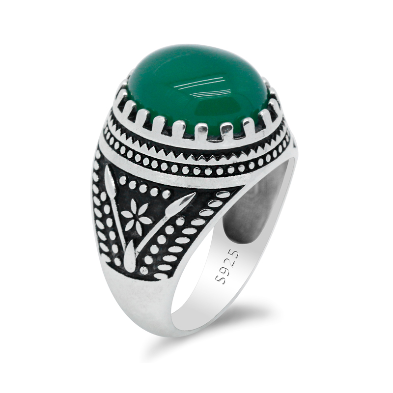 

Real 925 Sterling Silver Men Ring with Round Natural Green Agate Stone Male Rings Turkish Handmade Thai Silver Onyx Fine Jewelry