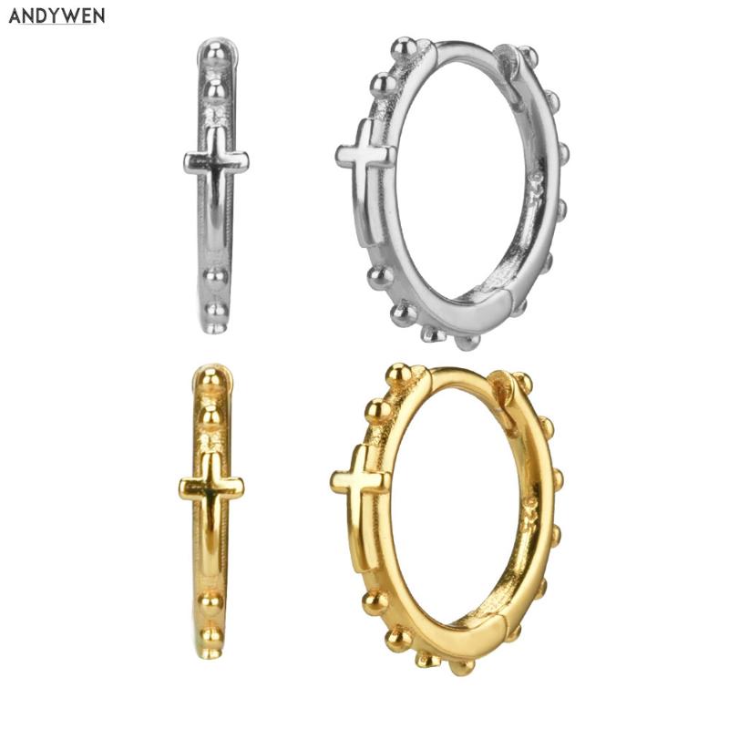 

ANDYWEN 925 Sterling Silver Round Earring Beads Cross Unique Circle Huggies 9.5mm Luxury Hoops Plain Loops Rock Punk Jewelry