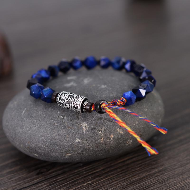 

Blue Tiger-eye 8mm Faceted Stones Tibetan Mantra Charm Bracelets Meditation Six True Words Buddha